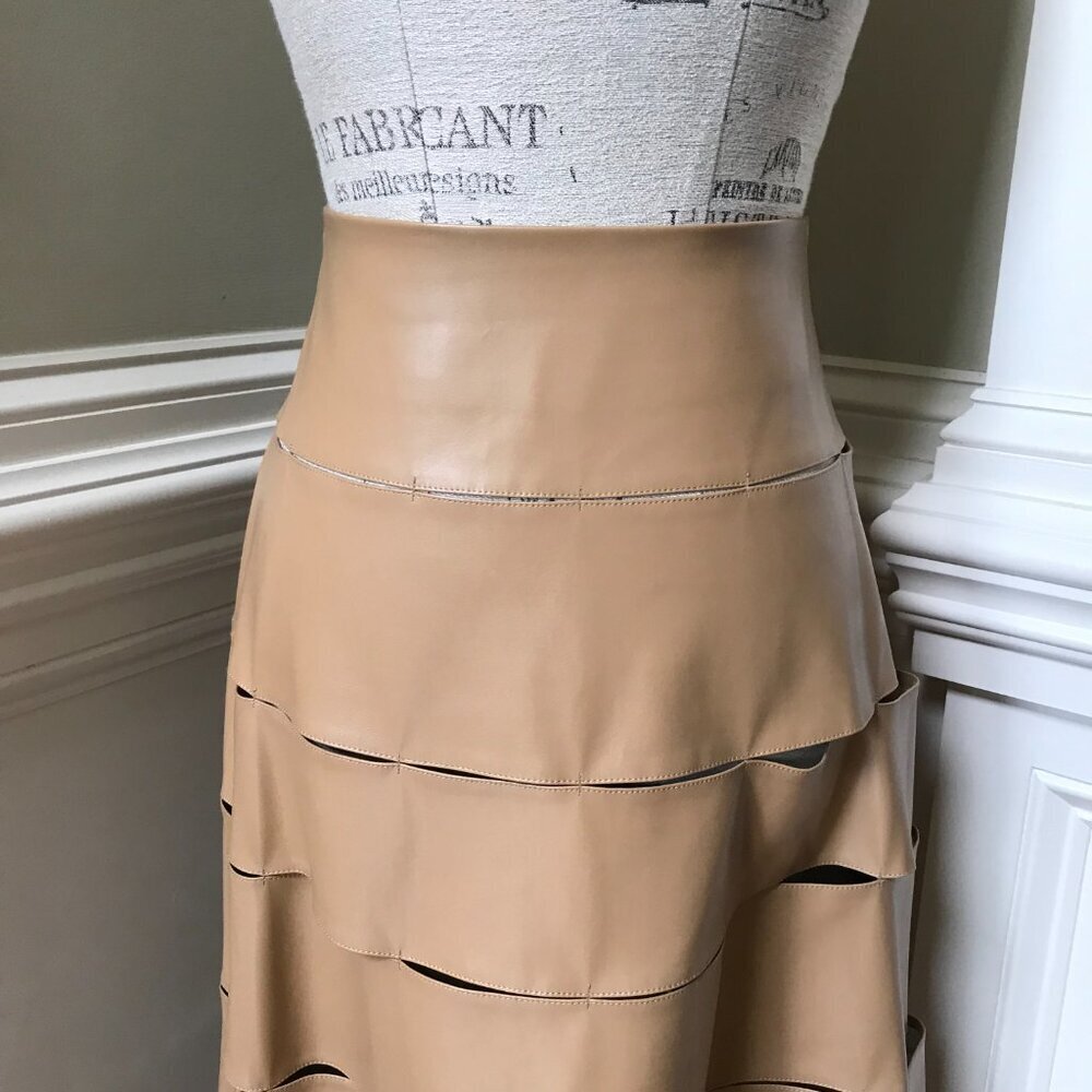 A.W.A.K.E Mode Multi Strap Midi Skirt Womens 40 Tan Vegan Leather A-Line Awake - Picture 10 of 15